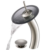 KRAUS Tall Waterfall Bathroom Faucet for Vessel Sink with Frosted Black Glass Disk and Pop-Up Drain, Satin Nickel Finish, Faucet Height: 12-3/4'' H, Spout Reach: 6-1/8'' D, Spout Height: 8'' H, Glass Disk: 7-1/4'' Diameter