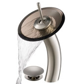 KRAUS Tall Waterfall Bathroom Faucet for Vessel Sink with Clear Brown Glass Disk and Pop-Up Drain, Satin Nickel Finish, Faucet Height: 12-3/4'' H, Spout Reach: 6-1/8'' D, Spout Height: 8'' H, Glass Disk: 7-1/4'' Diameter