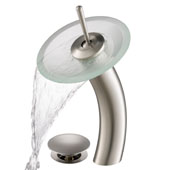 KRAUS Tall Waterfall Bathroom Faucet for Vessel Sink with Frosted Glass Disk and Pop-Up Drain, Satin Nickel Finish, Faucet Height: 12-3/4'' H, Spout Reach: 6-1/8'' D, Spout Height: 8'' H, Glass Disk: 7-1/4'' Diameter