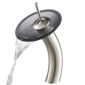 KRAUS Tall Waterfall Bathroom Faucet for Vessel Sink with Frosted Black Glass Disk, Satin Nickel Finish, Faucet Height: 12-3/4'' H, Spout Reach: 6-1/8'' D, Spout Height: 8'' H, Glass Disk: 7-1/4'' Diameter