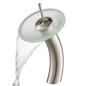 KRAUS Tall Waterfall Bathroom Faucet for Vessel Sink with Frosted Glass Disk, Satin Nickel Finish, Faucet Height: 12-3/4'' H, Spout Reach: 6-1/8'' D, Spout Height: 8'' H, Glass Disk: 7-1/4'' Diameter