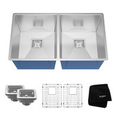  Pax Zero Radius 31-1/2'' Handmade Undermount 50/50 Double Bowl 16 Gauge S/S  Kitchen Sink with NoiseDefend Soundproofing
