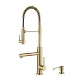 KRAUS Artec Pro™ 2-Function Commercial Style Pre-Rinse Kitchen Faucet with Pull-Down Spring Spout and Pot Filler in Spot Free Antique Champagne Bronze with Soap Dispenser
