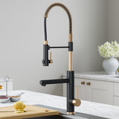 KRAUS Artec Pro™ 2-Function Commercial Style Pre-Rinse Kitchen Faucet with Pull-Down Spring Spout and Pot Filler in Spot Free Antique Champagne Bronze/Matte Black