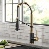 KRAUS Bolden™ Commercial Style Pull-Down Single Handle Kitchen Faucet in Brushed Brass/Matte Black, Faucet Height: 18'' H, Spout Reach: 8-3/4'' D