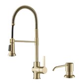 KRAUS Britt™ Single Handle Commercial Kitchen Faucet with Deck Plate and Soap Dispenser in Spot Free Antique Champagne Bronze Finish, Faucet Height: 20-5/8'' H, Spout Reach: 8-1/2'' D, Spout Height: 6-3/8'' H