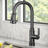 KRAUS Allyn™ Transitional Industrial Pull-Down Single Handle Kitchen Faucet, Spot-Free Black Stainless Steel, Faucet Height: 16-7/8'' H