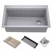  Bellucci Workstation 33'' Drop-In Granite Composite Single Bowl Kitchen Sink in Metallic Gray with Accessories, 33'' W x 22'' D x 9-5/8'' H