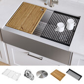  Kore™ Workstation 33'' W Farmhouse Flat Apron Front 16 Gauge Single Bowl Stainless Steel Kitchen Sink with Accessories, 33'' W x 20-1/4'' D x 10'' H