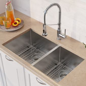 KRAUS 33'' 16 Gauge Double Bowl 60/40 Standart PRO™ Kitchen Sink Combo Set with Bolden™ 18'' Kitchen Faucet and Soap Dispenser, Chrome Finish