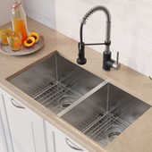 KRAUS 33'' 16 Gauge Double Bowl 60/40 Standart PRO™ Kitchen Sink Combo Set with Bolden™ 18'' Kitchen Faucet and Soap Dispenser, Stainless Steel Matte Black Finish