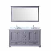  Dukes 60'' Dark Grey Double Vanity, White Carrara Marble Top, White Square Sinks and 58'' Mirror, 60''W x 22''D x 34''H