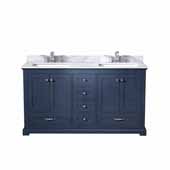  Dukes 60'' Navy Blue Double Vanity, White Carrara Marble Top, White Square Sinks, 60''W x 22''D x 34''H