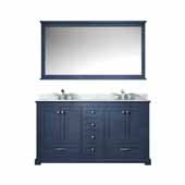  60'' W Navy Blue Double Sink Vanity and White Carrara Marble Top, White Rectangular Sinks, 58'' Mirror and Faucet, 59'' W x 21-1/2'' D x 33-1/4'' H