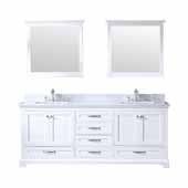  Dukes 80'' White Double Vanity, White Carrara Marble Top, White Square Sinks and 30'' Mirrors, 80''W x 22''D x 34''H