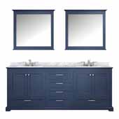  Dukes 80'' Navy Blue Double Vanity, White Carrara Marble Top, White Square Sinks and 30'' Mirrors, 80''W x 22''D x 34''H