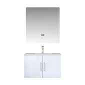  Geneva 30'' Glossy White Single Vanity, White Carrara Marble Top, White Square Sink, 30'' LED Mirror and Faucet, 30''W x 22''D x 19''H