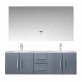  Geneva 60'' Dark Grey Double Vanity, White Carrara Marble Top, White Square Sinks, 60'' LED Mirror and Faucets, 60''W x 22''D x 19''H