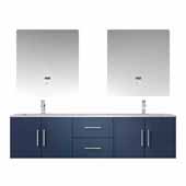  Geneva 72'' Navy Blue Double Vanity, White Carrara Marble Top, White Square Sinks and 30'' LED Mirrors, 72''W x 22''D x 19''H