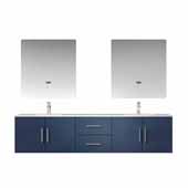  Geneva 80'' Navy Blue Double Vanity, White Carrara Marble Top, White Square Sinks and 30'' LED Mirrors, 80''W x 22''D x 19''H