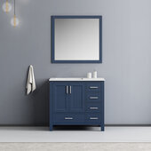  Jacques 36'' Navy Blue Single Vanity, White Carrara Marble Top, White Square Sink and 34'' Mirror - Right Version, 36''W x 22''D x 34''H