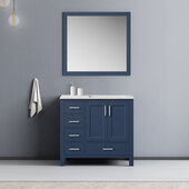  Jacques 36'' Navy Blue Single Vanity, White Carrara Marble Top, White Square Sink and 34'' Mirror - Left Version, 36''W x 22''D x 34''H