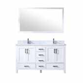  Jacques 60'' White Double Vanity, White Carrara Marble Top, White Square Sinks and 58'' Mirror, 60''W x 22''D x 34''H