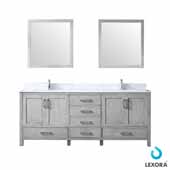  Jacques 80'' Distressed Grey Double Vanity, White Carrara Marble Top, White Square Sinks and 30'' Mirrors, 80''W x 22''D x 34''H