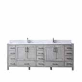  Jacques 84'' Distressed Grey Double Vanity, White Carrara Marble Top, White Square Sinks, 84''W x 22''D x 34''H