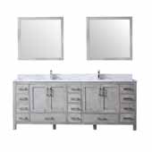  Jacques 84'' Distressed Grey Double Vanity, White Carrara Marble Top, White Square Sinks and 34'' Mirrors, 84''W x 22''D x 34''H
