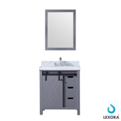  Marsyas 30'' W Dark Grey Single Sink Bathroom Vanity with White Carrara Marble Top, White Rectangular Sink and 28'' W Mirror, 30'' W x 22'' D x 34'' H