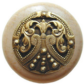  Classic Collection 1-1/2'' Diameter Regal Crest Round Wood Cabinet Knob in Antique Brass and Natural, 1-1/2'' Diameter x 1-1/8'' D