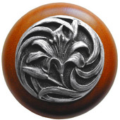  Florals & Leaves Collection 1-1/2'' Diameter Tiger Lily Round Wood Cabinet Knob in Antique Pewter and Cherry, 1-1/2'' Diameter x 1-1/8'' D
