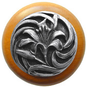  Florals & Leaves Collection 1-1/2'' Diameter Tiger Lily Round Wood Cabinet Knob in Antique Pewter and Maple, 1-1/2'' Diameter x 1-1/8'' D