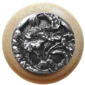  Florals & Leaves Collection 1-1/2'' Diameter Hibiscus Round Wood Cabinet Knob in Antique Pewter and Natural, 1-1/2'' Diameter x 1-1/8'' D
