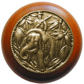  Lodge & Nature Collection 1-1/2'' Diameter Jungle Patrol Round Wood Cabinet Knob in Antique Brass and Cherry, 1-1/2'' Diameter x 1-1/8'' D