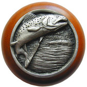  Lodge & Nature Collection 1-1/2'' Diameter Leaping Trout Round Wood Cabinet Knob in Antique Pewter and Cherry, 1-1/2'' Diameter x 1-1/8'' D