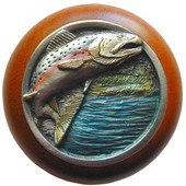  Lodge & Nature Collection 1-1/2'' Diameter Leaping Trout Round Wood Cabinet Knob in Hand-Tinted Antique Pewter and Cherry, 1-1/2'' Diameter x 1-1/8'' D