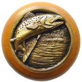  Lodge & Nature Collection 1-1/2'' Diameter Leaping Trout Round Wood Cabinet Knob in Antique Brass and Maple, 1-1/2'' Diameter x 1-1/8'' D