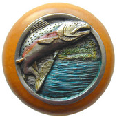  Lodge & Nature Collection 1-1/2'' Diameter Leaping Trout Round Wood Cabinet Knob in Hand-Tinted Antique Pewter and Maple, 1-1/2'' Diameter x 1-1/8'' D