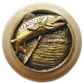  Lodge & Nature Collection 1-1/2'' Diameter Leaping Trout Round Wood Cabinet Knob in Antique Brass and Natural, 1-1/2'' Diameter x 1-1/8'' D