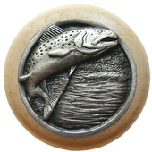 Lodge & Nature Collection 1-1/2'' Diameter Leaping Trout Round Wood Cabinet Knob in Antique Pewter and Natural, 1-1/2'' Diameter x 1-1/8'' D