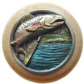  Lodge & Nature Collection 1-1/2'' Diameter Leaping Trout Round Wood Cabinet Knob in Hand-Tinted Antique Pewter and Natural, 1-1/2'' Diameter x 1-1/8'' D