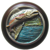  Lodge & Nature Collection 1-1/2'' Diameter Leaping Trout Round Wood Cabinet Knob in Hand-Tinted Antique Pewter and Dark Walnut, 1-1/2'' Diameter x 1-1/8'' D