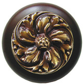  Classic Collection 1-1/2'' Diameter Chrysanthemum Round Wood Cabinet Knob in Antique Brass and Dark Walnut, 1-1/2'' Diameter x 1-1/8'' D