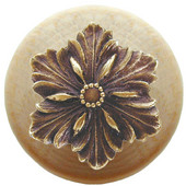  Classic Collection 1-1/2'' Diameter Opulent Flower Round Wood Cabinet Knob in Antique Brass and Natural, 1-1/2'' Diameter x 1-1/8'' D