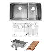  Brushed Satin Offset Double Bowl Prep Station Small Radius Undermount Stainless Sink with Accessories, 32''W x 19''D x 10''H