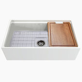  Cape 33'' W White Reversible Workstation Fireclay Farmhouse Front Apron Rectangle Kitchen Sink w/ Cutting Board, Bottom Grid, and Drain