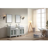  60'' Wide Double Vanity Set w/ 2 Counter Tops, 2 Cabinets, Linen Cabinet, Linen Counter Top, 2 mirrors, w/ Carrara White Marble Top; Light Grey Finish, 60''W x 21-11/16''D x 36-5/8''H