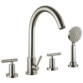  Product Width: 5-47/50'' to 7-22/25'' (hole spacing)<br> Height: 13-9/16''H, 4-hole Tub Filler with Personal Handshower and Lever Handles, Brushed Nickel